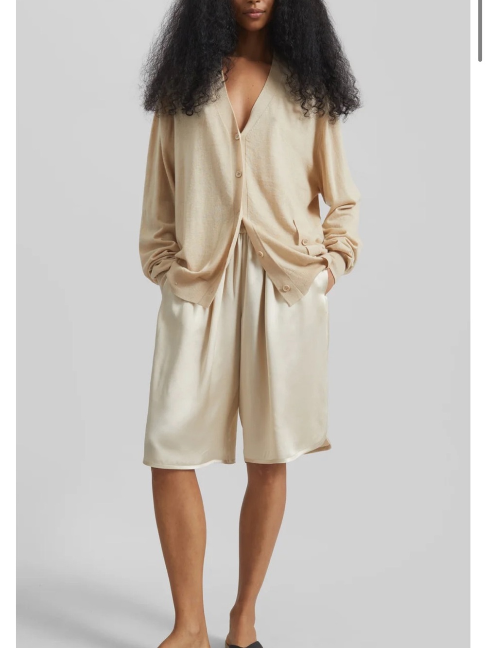The Frankie Shop Satin Bermuda Shorts in Beige-Cream
